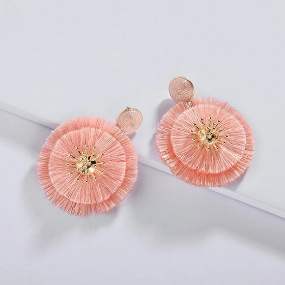Jewelry - New Gold Round Pink Filigree Silk Drop Earrings